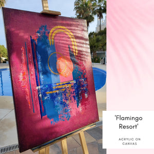 <strong> 'Flamingo Resort' </strong><br><small><i> Abstract acrylic on canvas </i></small>